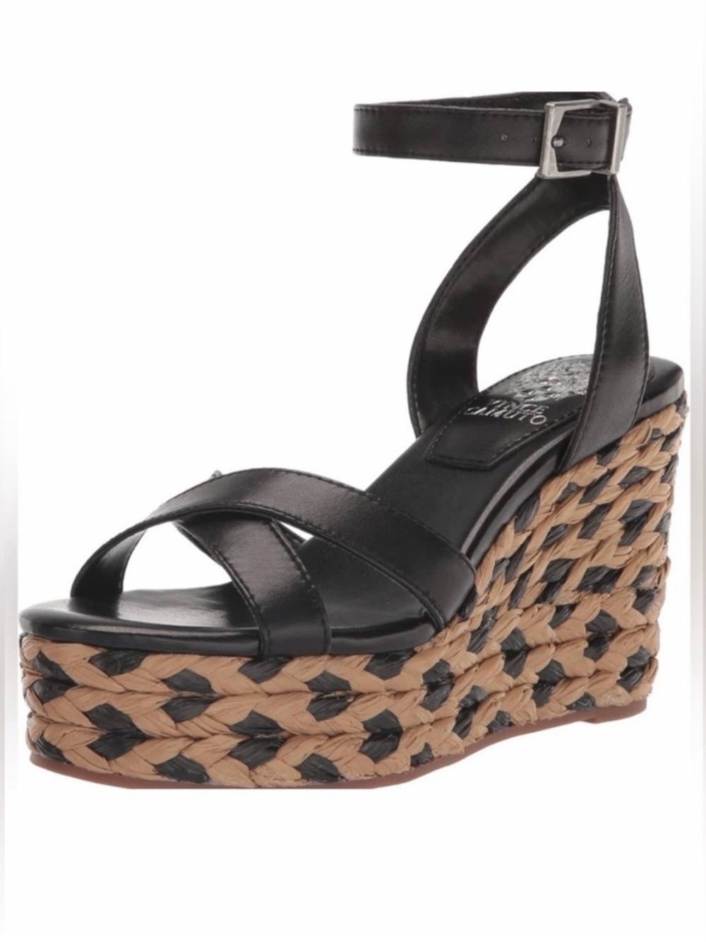 Vince Camuto Fettana Black Ankle-Strap Wedge Espradille Sandal